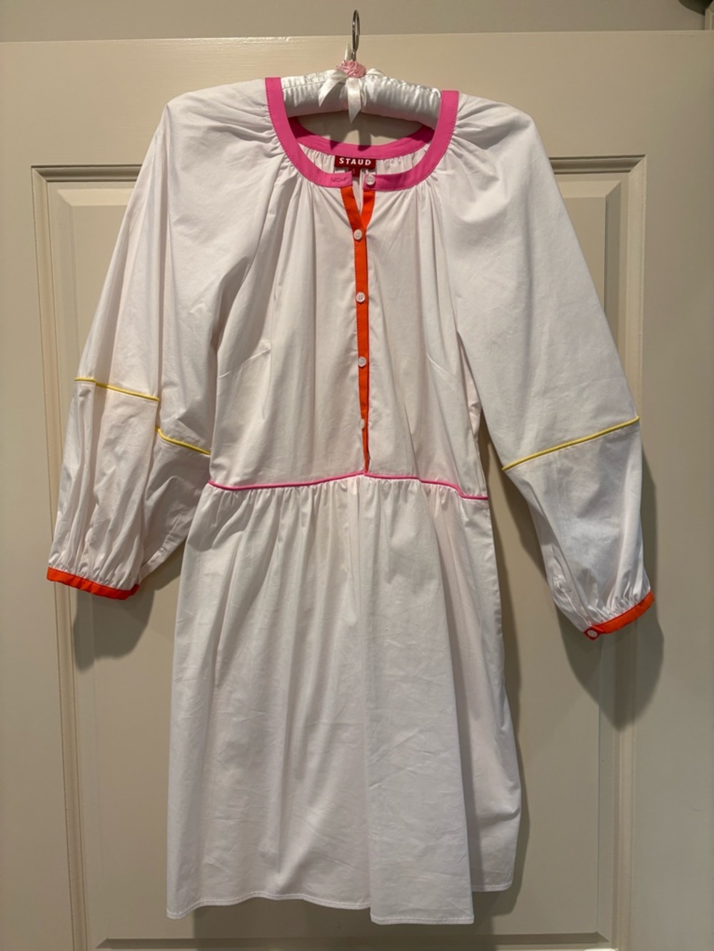 STAUD White Cotton Dress with Pink, Orange & Yellow Trim